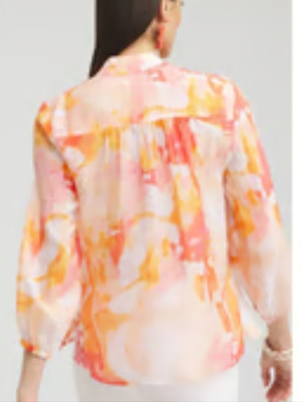 Chico's Orange Watercolor Button-Front Blouse Puff Sleeve Lightweight‎ Sz1(8) - Picture 5 of 12
